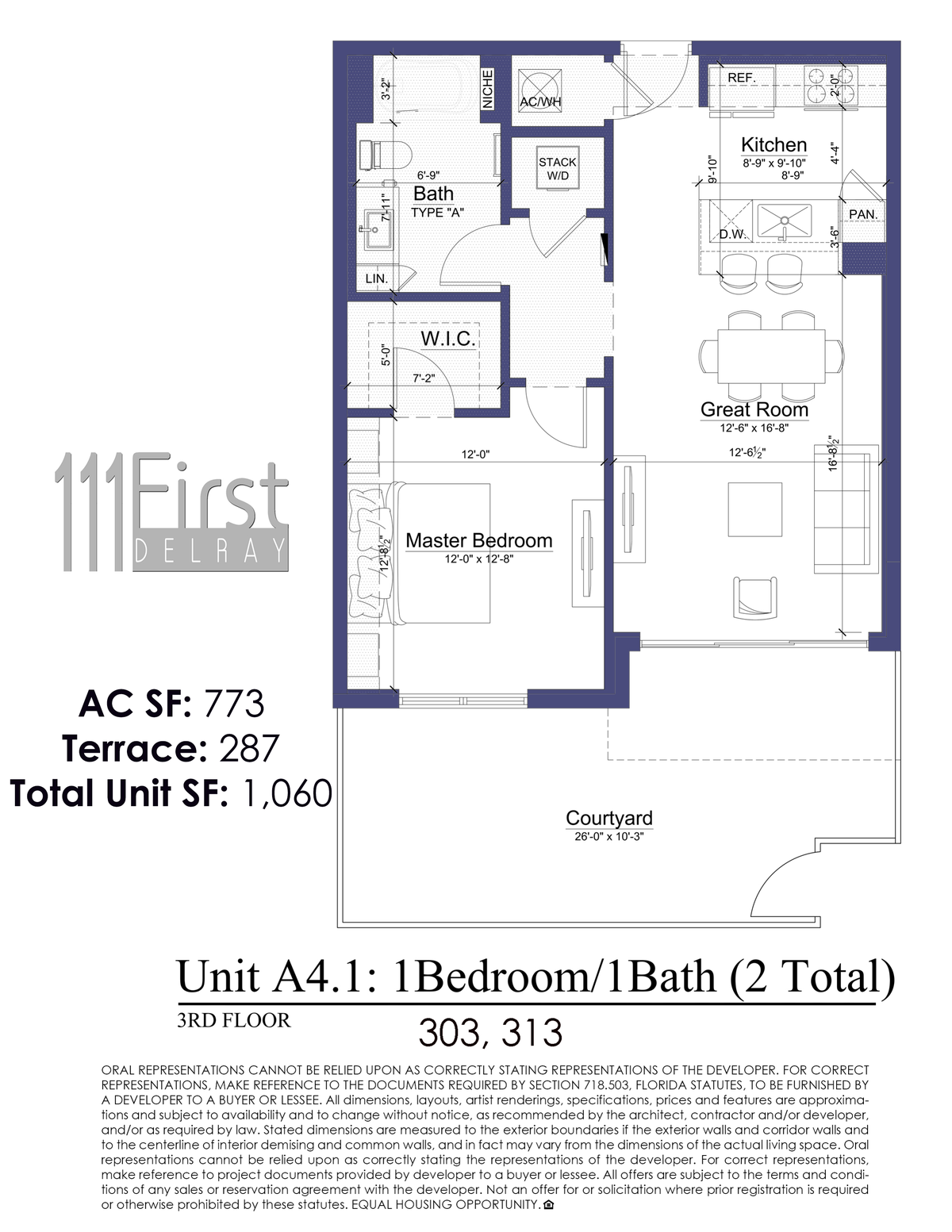 111 First Delray Unit A4.1 One Bedroom One Bath Floor Plan